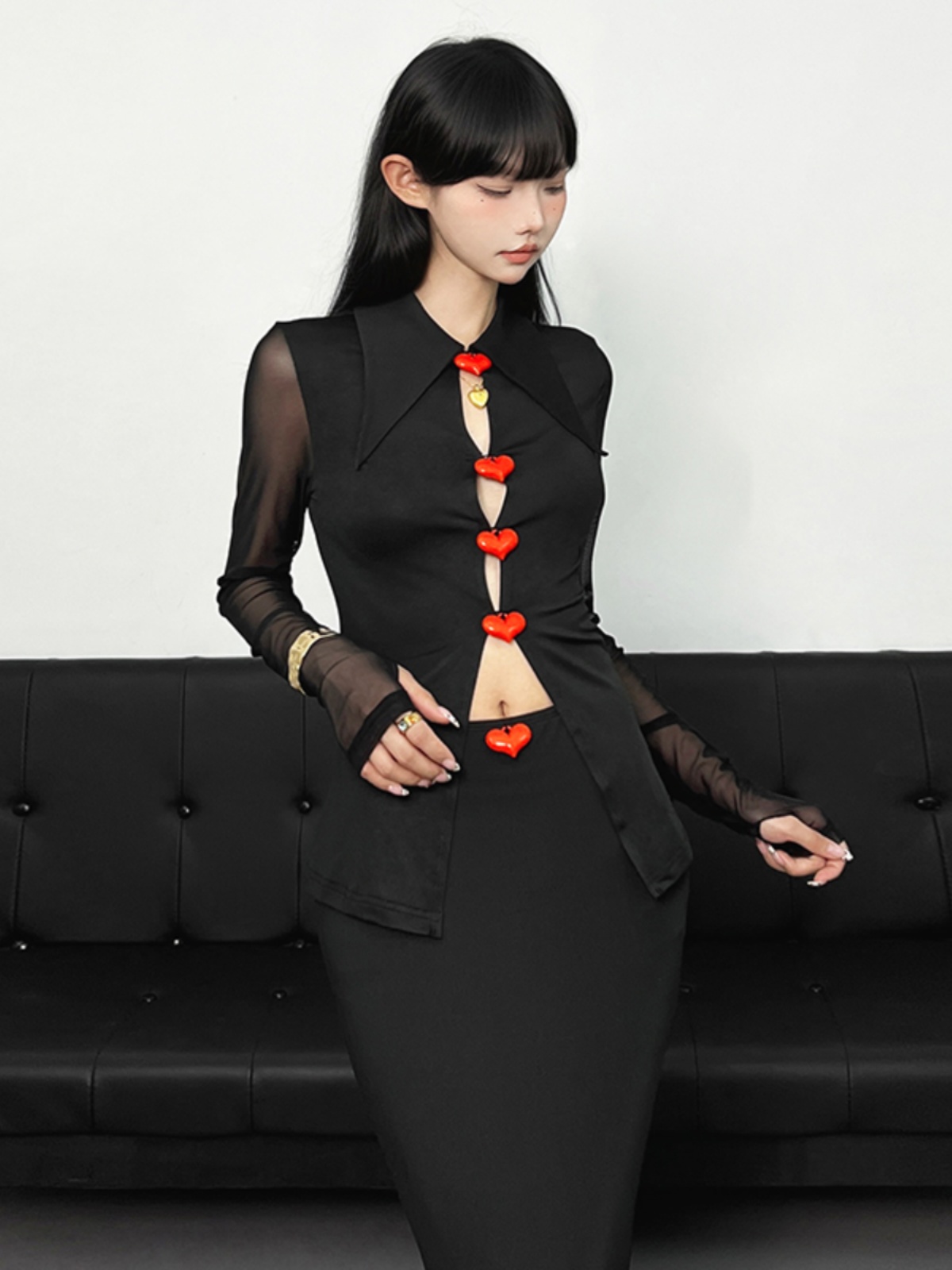 Eccentric Girl Casual Feminine Heart Button Mesh Long Sleeve T-Shirt & High Waist Bodycon Skirt Two-Piece Set for Y2K Style Eccentric Girl Casual Feminine Heart Button Mesh Long Sleeve T-Shirt & High Waist Bodycon Skirt Two-Piece Set for Y2K Style