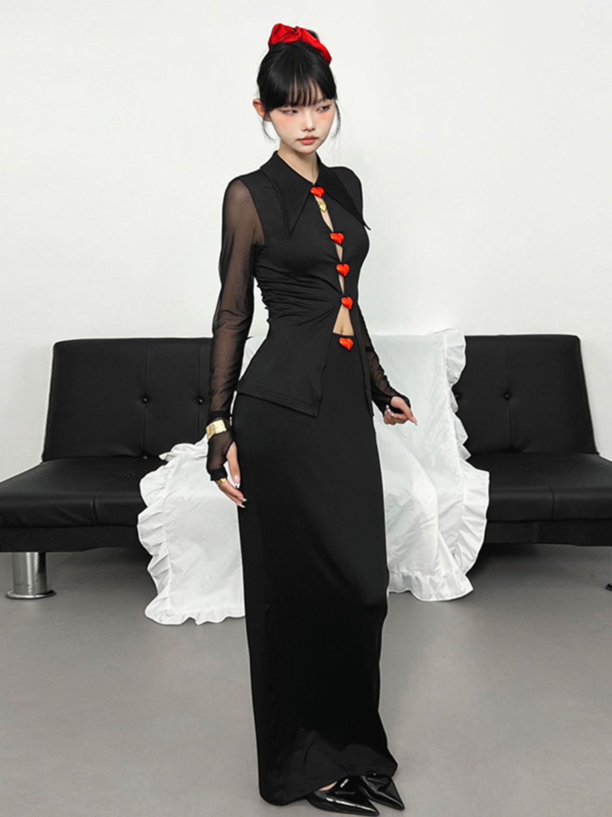 Eccentric Girl Casual Feminine Heart Button Mesh Long Sleeve T-Shirt & High Waist Bodycon Skirt Two-Piece Set for Y2K Style Eccentric Girl Casual Feminine Heart Button Mesh Long Sleeve T-Shirt & High Waist Bodycon Skirt Two-Piece Set for Y2K Style