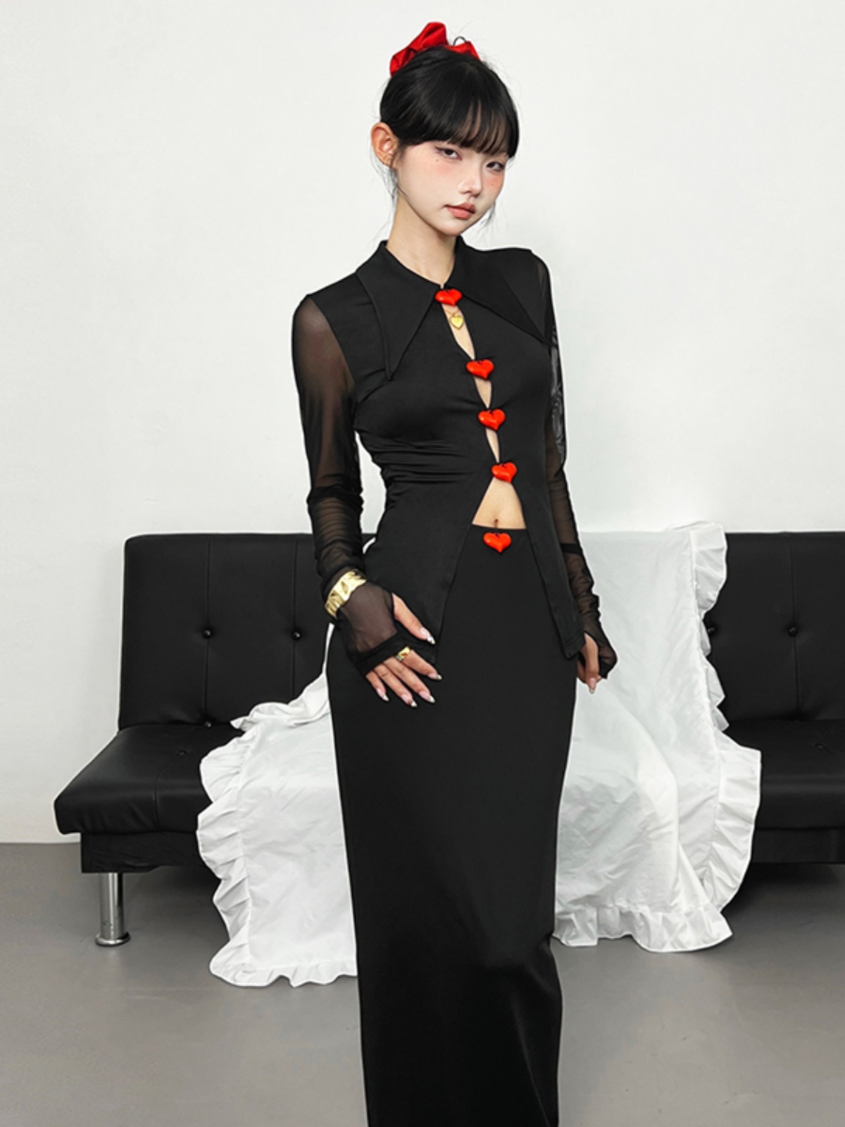 Eccentric Girl Casual Feminine Heart Button Mesh Long Sleeve T-Shirt & High Waist Bodycon Skirt Two-Piece Set for Y2K Style Eccentric Girl Casual Feminine Heart Button Mesh Long Sleeve T-Shirt & High Waist Bodycon Skirt Two-Piece Set for Y2K Style