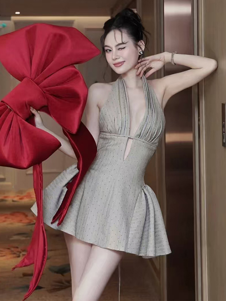 Eccentric Girl French Style Ruffled Deep V Neck Halter Dress for Women - Elegant Sexy High Waist A-Line Mini Dress Eccentric Girl French Style Ruffled Deep V Neck Halter Dress for Women - Elegant Sexy High Waist A-Line Mini Dress