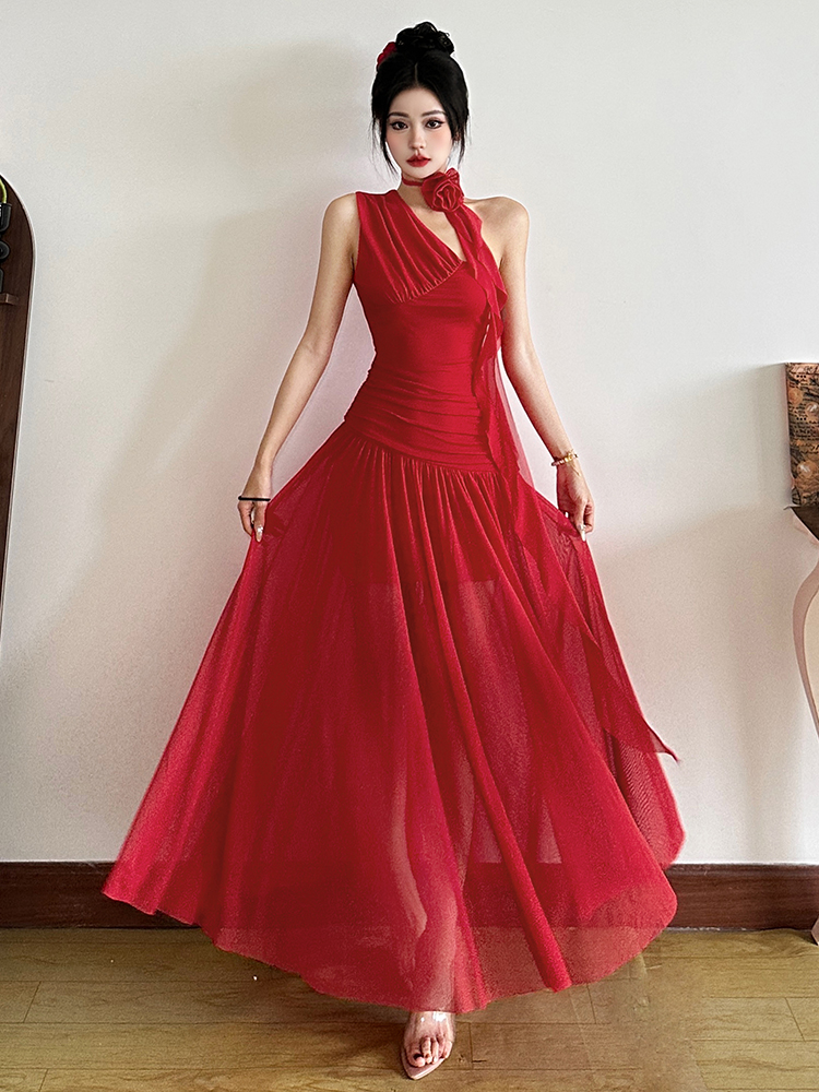 Eccentric Girl Greek Goddess Red Draped One-Shoulder Maxi Dress - Women's Flared Pleated Vacation Dress for Y2K Style