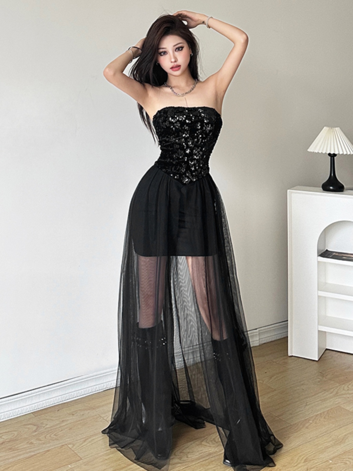 Eccentric Girl Hepburn Style Strapless Long Dress with Mesh Splicing, Slimming Little Black Dress, Chic 90s Fashion Eccentric Girl Hepburn Style Strapless Long Dress with Mesh Splicing, Slimming Little Black Dress, Chic 90s Fashion