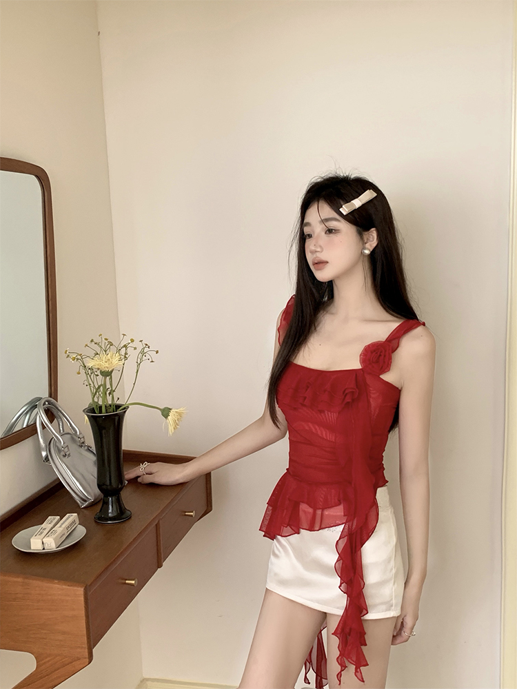 Eccentric Off-Shoulder Floral Mesh Camisole Top & Slim-Fit Bodycon Skirt Set for Women - Y2K Style Eccentric Off-Shoulder Floral Mesh Camisole Top & Slim-Fit Bodycon Skirt Set for Women - Y2K Style