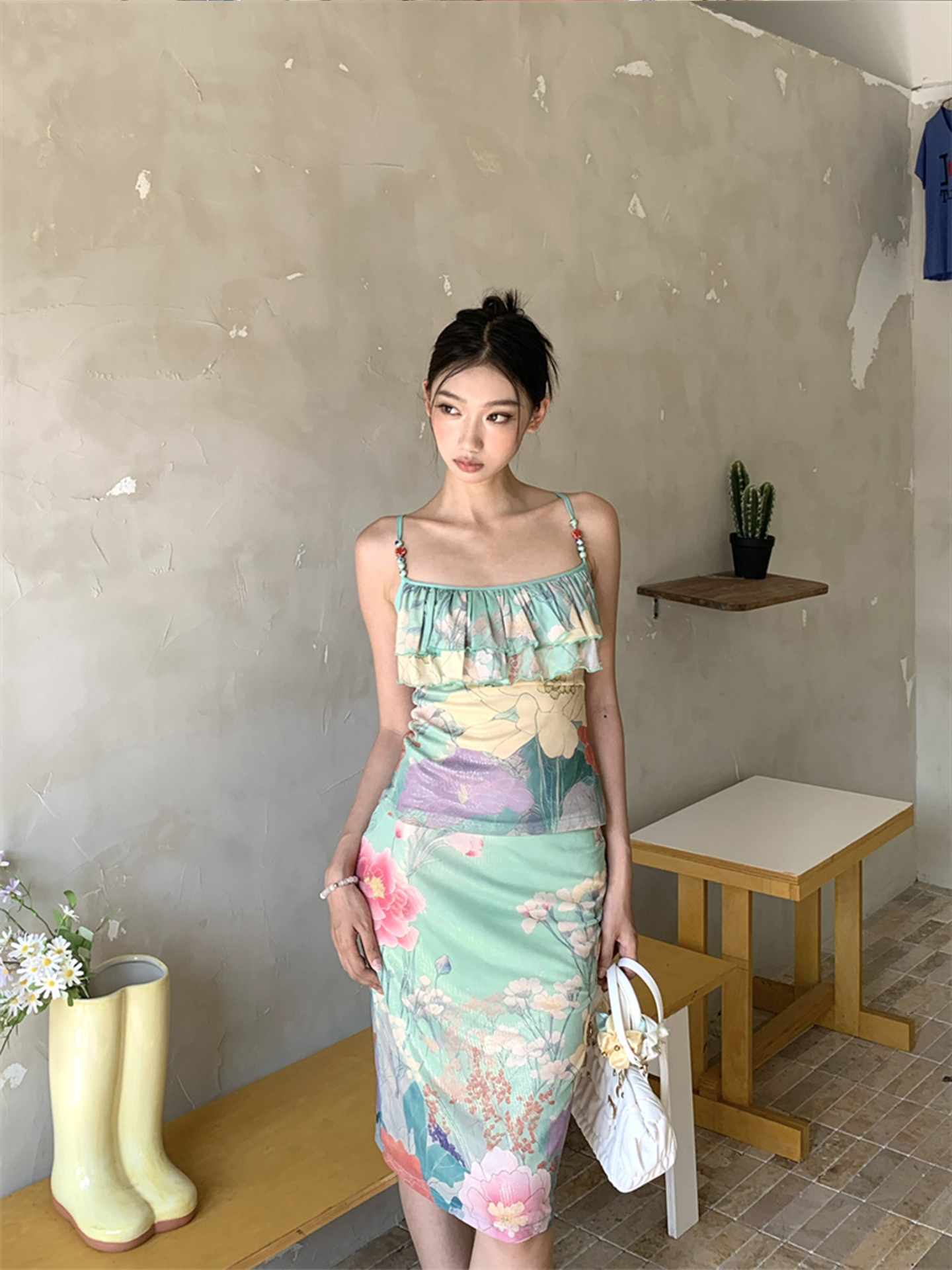Eccentric Off-Shoulder Ruffled Camisole and Slim-Fit Bodycon Skirt Set for Women - Trendy Printed Outfit for Night Out Eccentric Off-Shoulder Ruffled Camisole and Slim-Fit Bodycon Skirt Set for Women - Trendy Printed Outfit for Night Out