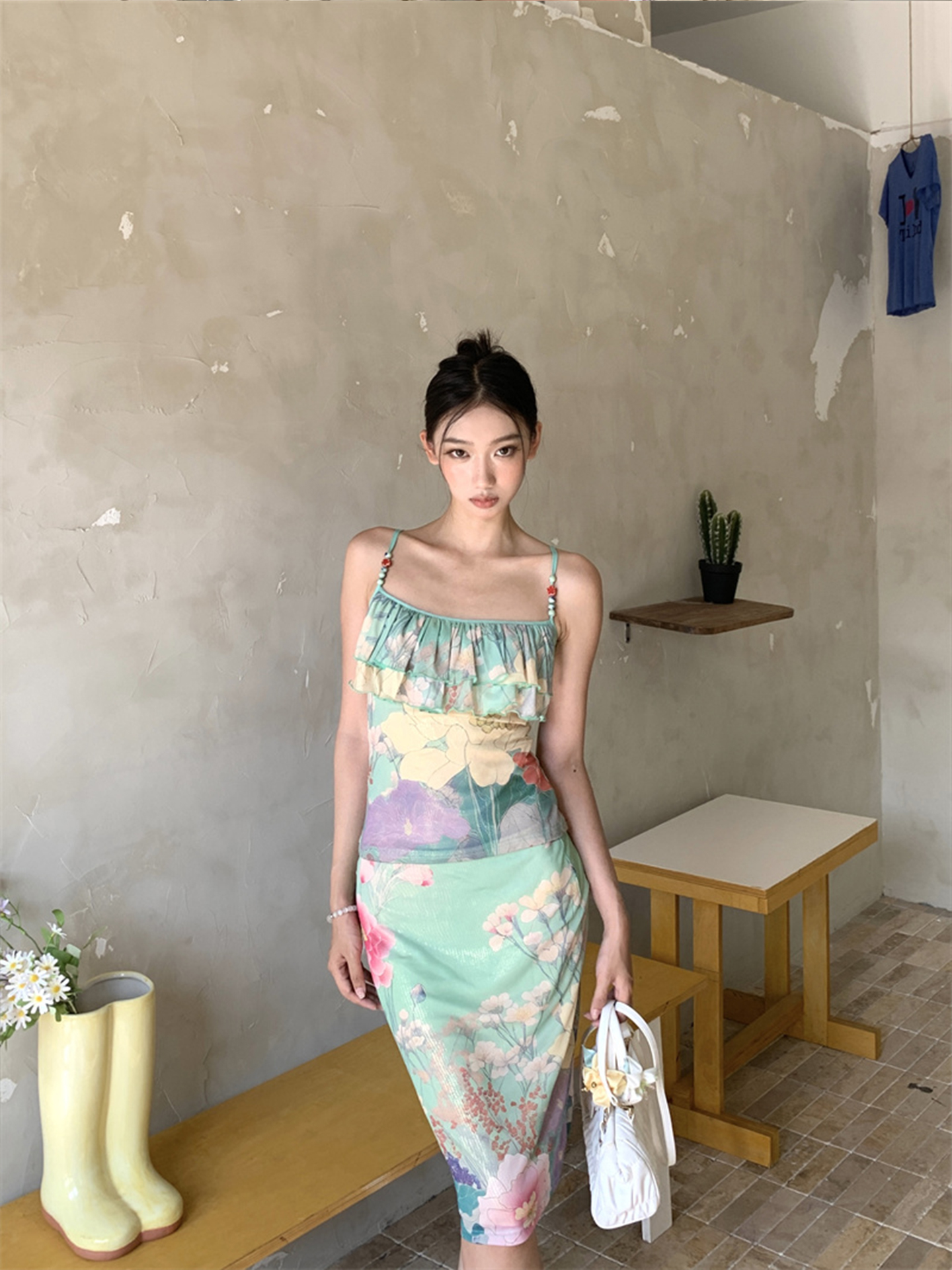 Eccentric Off-Shoulder Ruffled Camisole and Slim-Fit Bodycon Skirt Set for Women - Trendy Printed Outfit for Night Out Eccentric Off-Shoulder Ruffled Camisole and Slim-Fit Bodycon Skirt Set for Women - Trendy Printed Outfit for Night Out