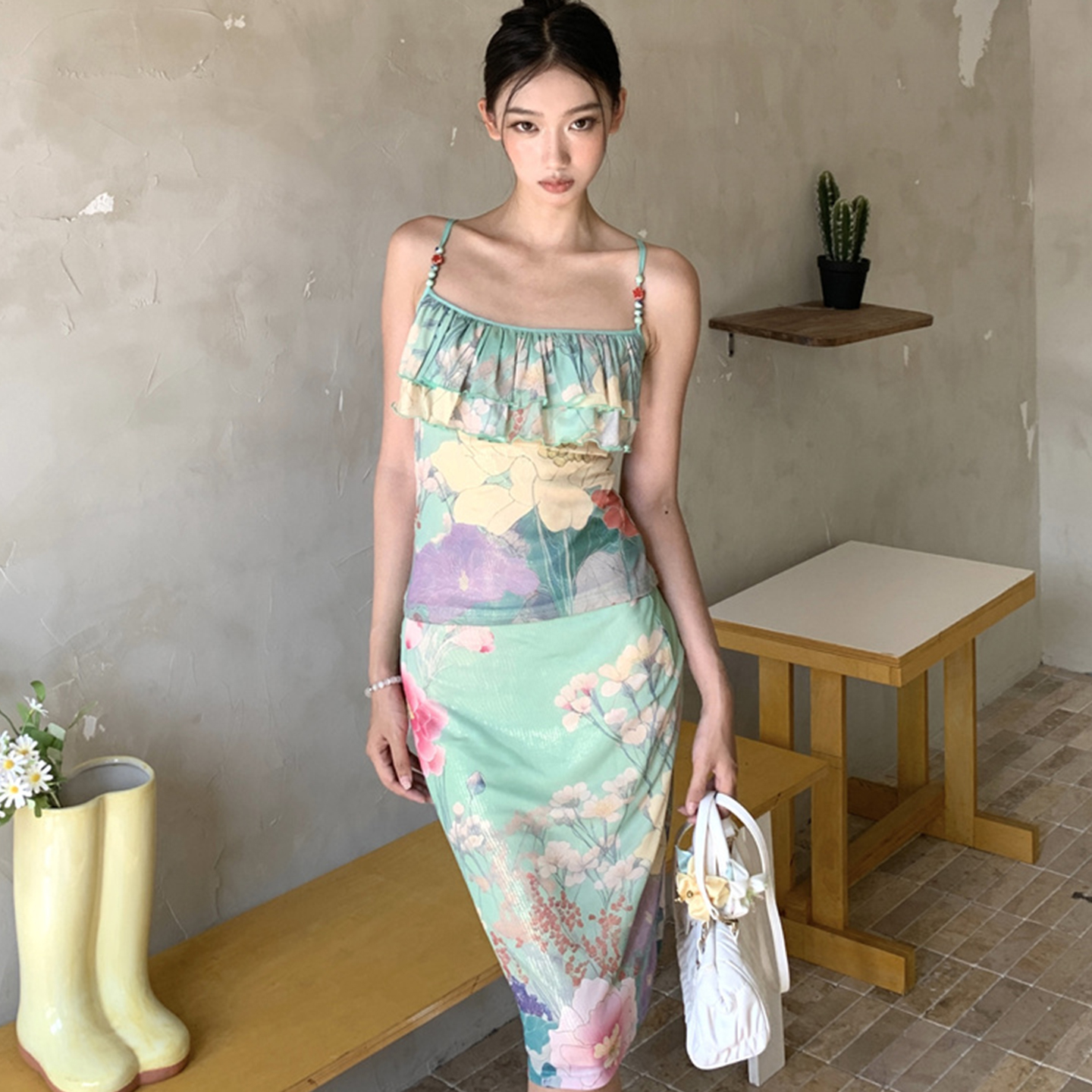 Eccentric Off-Shoulder Ruffled Camisole and Slim-Fit Bodycon Skirt Set for Women - Trendy Printed Outfit for Night Out Eccentric Off-Shoulder Ruffled Camisole and Slim-Fit Bodycon Skirt Set for Women - Trendy Printed Outfit for Night Out