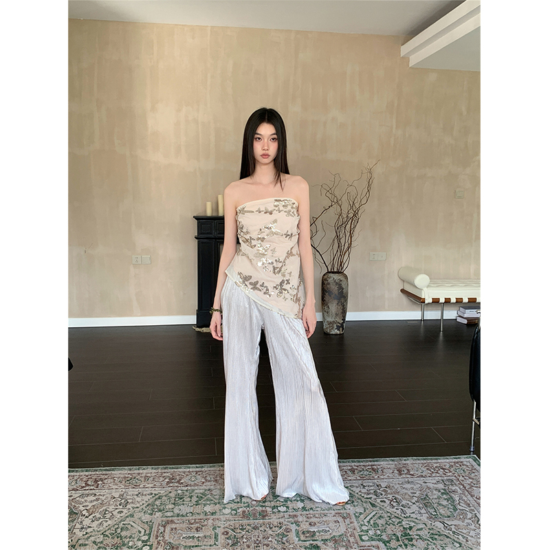 Eccentric Off-Shoulder Sequined Embroidered Strapless Top & Casual Flared Pants Set - Sexy Y2K Style Outfit