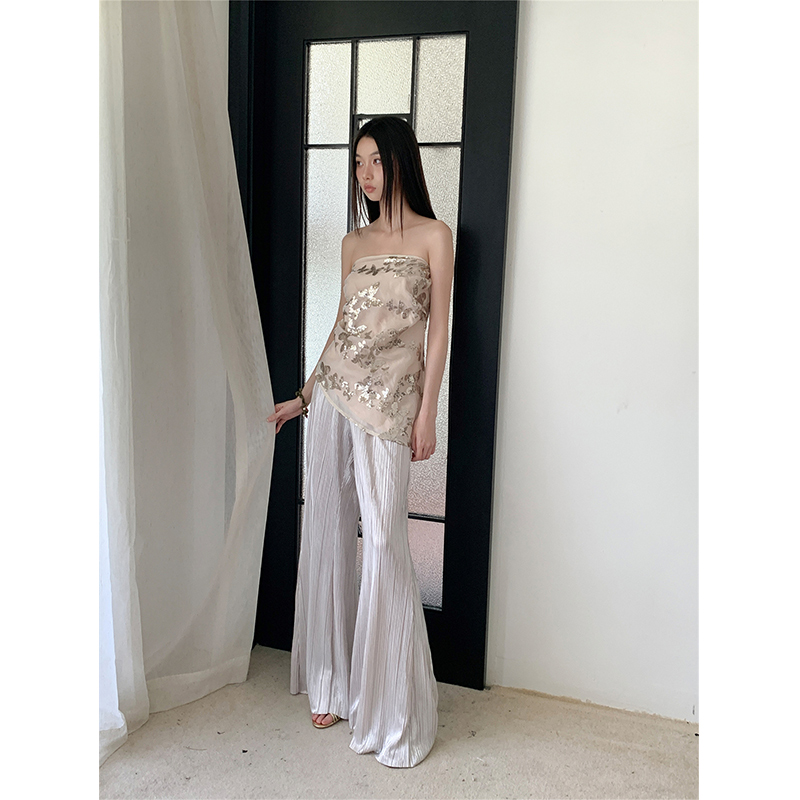 Eccentric Off-Shoulder Sequined Embroidered Strapless Top & Casual Flared Pants Set - Sexy Y2K Style Outfit Eccentric Off-Shoulder Sequined Embroidered Strapless Top & Casual Flared Pants Set - Sexy Y2K Style Outfit