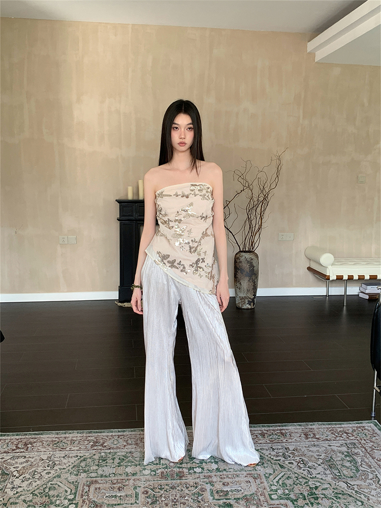 Eccentric Off-Shoulder Sequined Embroidered Strapless Top & Casual Flared Pants Set - Sexy Y2K Style Outfit Eccentric Off-Shoulder Sequined Embroidered Strapless Top & Casual Flared Pants Set - Sexy Y2K Style Outfit