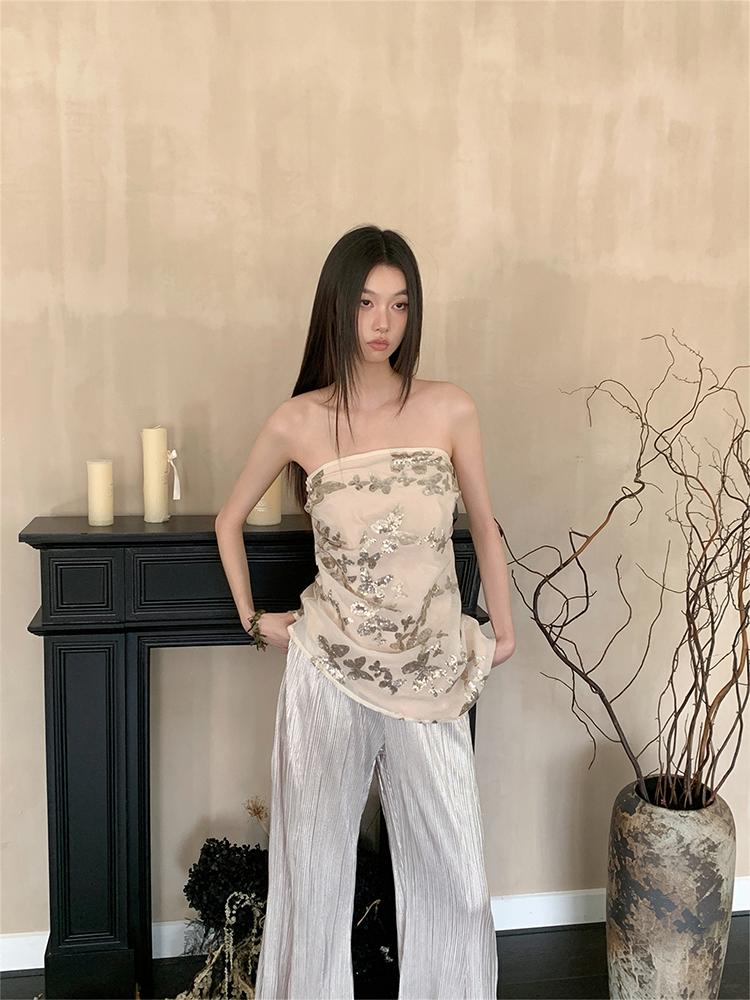 Eccentric Off-Shoulder Sequined Embroidered Strapless Top & Casual Flared Pants Set - Sexy Y2K Style Outfit Eccentric Off-Shoulder Sequined Embroidered Strapless Top & Casual Flared Pants Set - Sexy Y2K Style Outfit