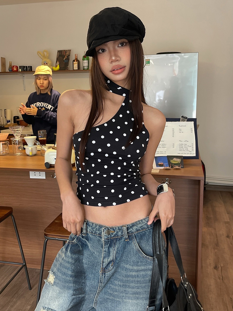 Eccentric Retro Spicy Dot Asymmetrical Neck Halter Top for Women, Slim-Fit Off-Shoulder Style, Perfect for Y2K and 90s Fashion