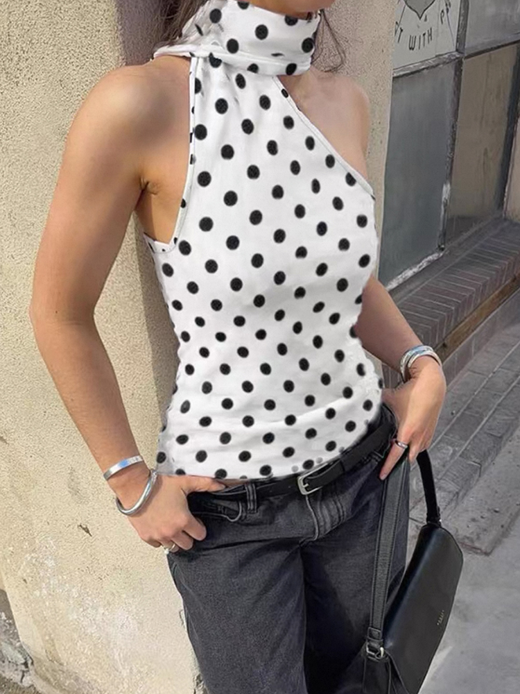 Eccentric Retro Spicy Dot Asymmetrical Neck Halter Top for Women, Slim-Fit Off-Shoulder Style, Perfect for Y2K and 90s Fashion Eccentric Retro Spicy Dot Asymmetrical Neck Halter Top for Women, Slim-Fit Off-Shoulder Style, Perfect for Y2K and 90s Fashion