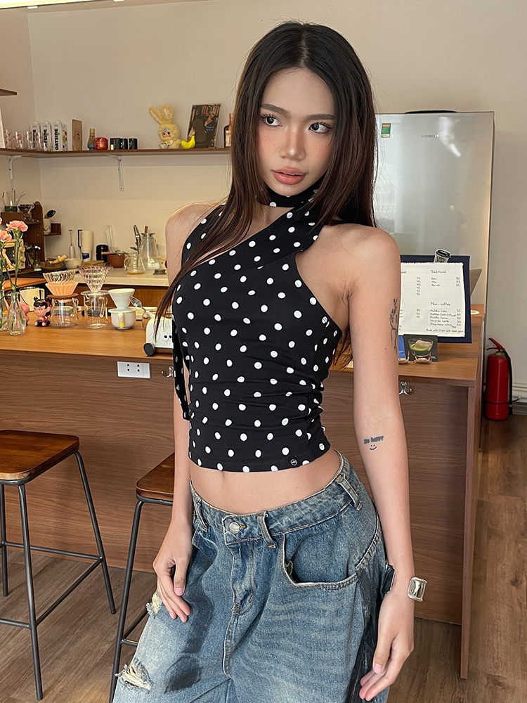 Eccentric Retro Spicy Dot Asymmetrical Neck Halter Top for Women, Slim-Fit Off-Shoulder Style, Perfect for Y2K and 90s Fashion