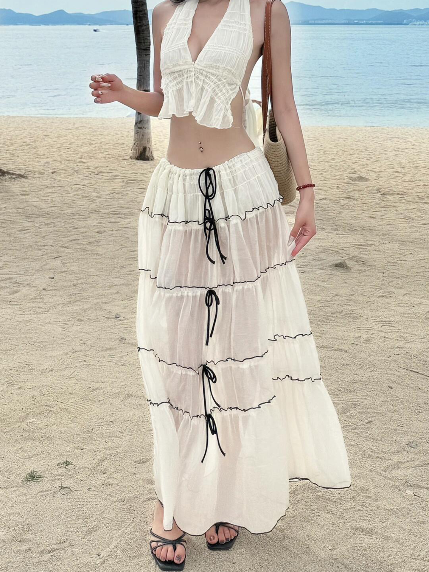Eccentric Sexy Girl Back Strap Top with Revealing Design and Pleated Slim-Fit Skirt Set - Y2K Fashion Style Eccentric Sexy Girl Back Strap Top with Revealing Design and Pleated Slim-Fit Skirt Set - Y2K Fashion Style