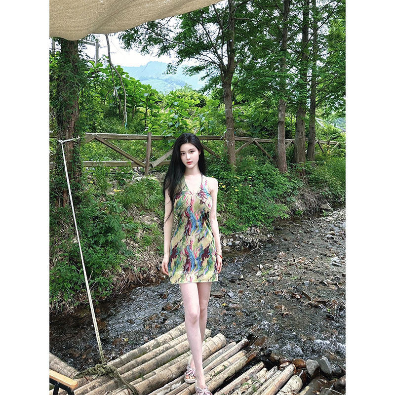 Eccentric Spicy Girl Seaside Vacation Printed Hollow-Out Spaghetti Strap Slim A-Line Bodycon Dress