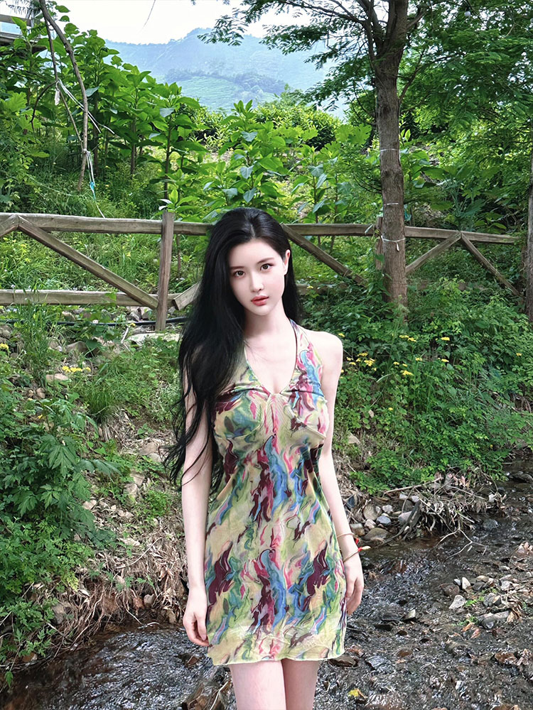 Eccentric Spicy Girl Seaside Vacation Printed Hollow-Out Spaghetti Strap Slim A-Line Bodycon Dress Eccentric Spicy Girl Seaside Vacation Printed Hollow-Out Spaghetti Strap Slim A-Line Bodycon Dress