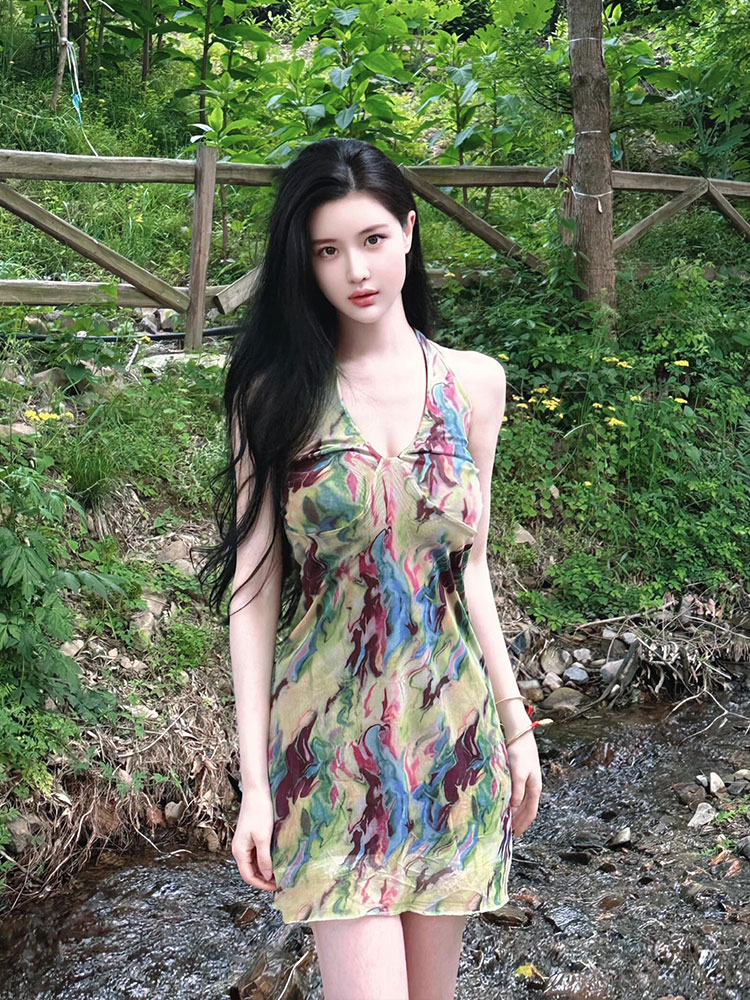 Eccentric Spicy Girl Seaside Vacation Printed Hollow-Out Spaghetti Strap Slim A-Line Bodycon Dress Eccentric Spicy Girl Seaside Vacation Printed Hollow-Out Spaghetti Strap Slim A-Line Bodycon Dress