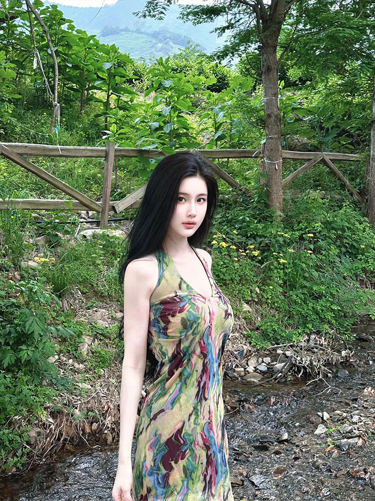 Eccentric Spicy Girl Seaside Vacation Printed Hollow-Out Spaghetti Strap Slim A-Line Bodycon Dress Eccentric Spicy Girl Seaside Vacation Printed Hollow-Out Spaghetti Strap Slim A-Line Bodycon Dress