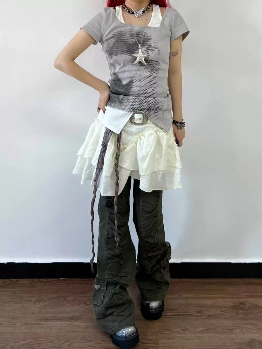 Eccentric Spliced Portrait Print Slim Fit Short Sleeve T-Shirt - Trendy Fake Two-Piece American Style for Hot Girl Vibes