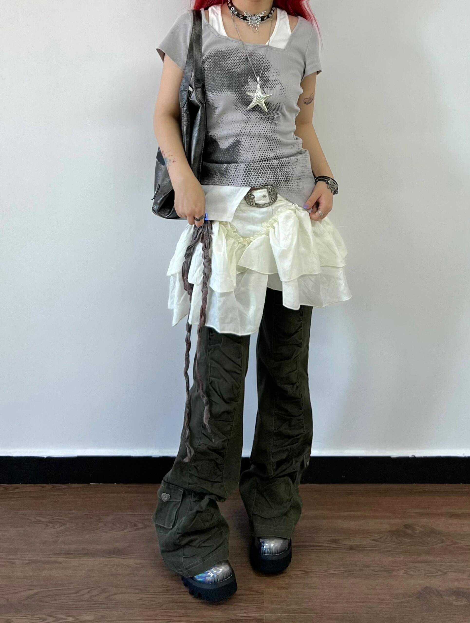 Eccentric Spliced Portrait Print Slim Fit Short Sleeve T-Shirt - Trendy Fake Two-Piece American Style for Hot Girl Vibes