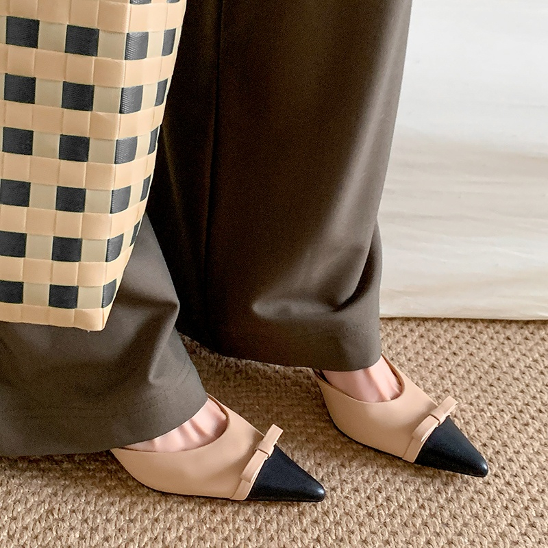 Elegant Backless Open-Toe Sandals with Bow Tie Detail - French Genuine Leather Thin-Heeled Summer Shoes for Women