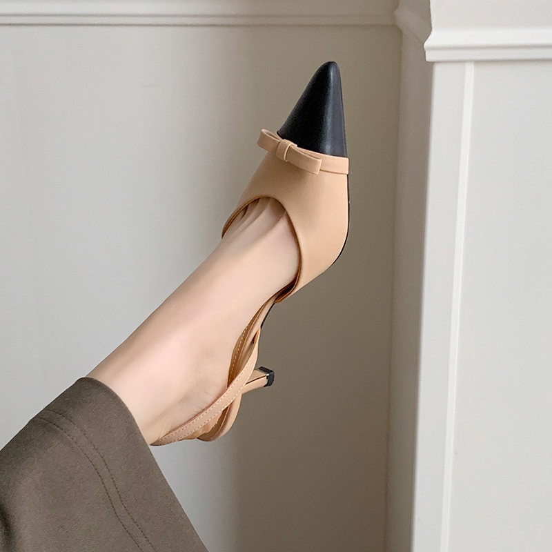 Elegant Backless Open-Toe Sandals with Bow Tie Detail - French Genuine Leather Thin-Heeled Summer Shoes for Women