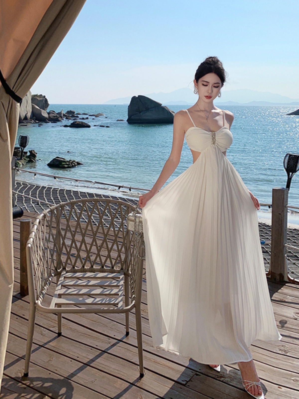 Elegant Backless White Spaghetti Strap Long Dress for Beach Vacation - Slimming, Height-Enhancing, Flowing Design, Perfect for Summer Events