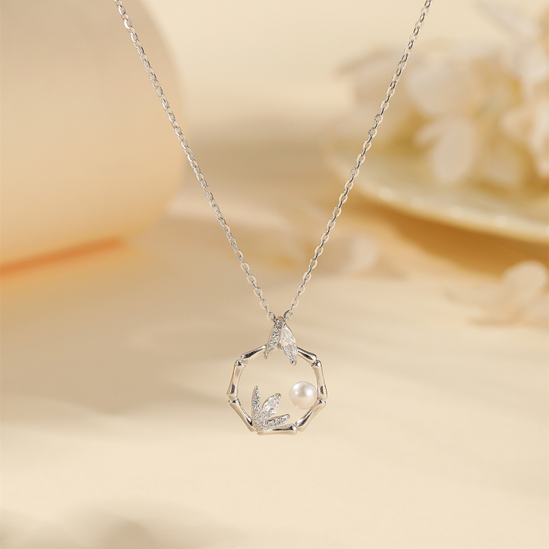 Elegant Bamboo Bead Pearl Necklace for Women, 925 Sterling Silver Clavicle Chain, Decorative Jewelry, Classy Style