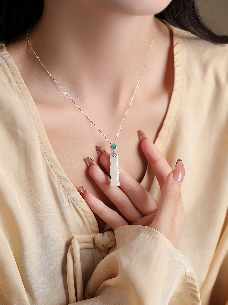 Elegant Bamboo Joint Hetian Jade & Pure Silver Necklace for Women, Blue and White Porcelain Design, Clavicle Chain, Classy Jewelry Elegant Bamboo Joint Hetian Jade & Pure Silver Necklace for Women, Blue and White Porcelain Design, Clavicle Chain, Classy Jewelry