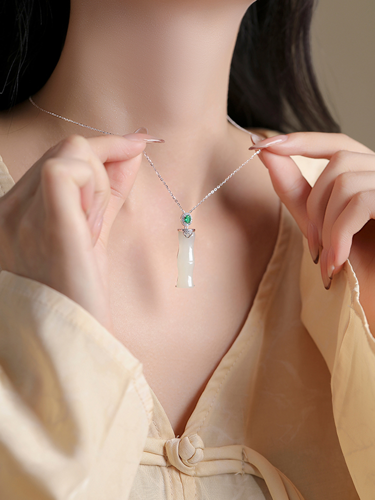 Elegant Bamboo Joint Hetian Jade & Pure Silver Necklace for Women, Blue and White Porcelain Design, Clavicle Chain, Classy Jewelry Elegant Bamboo Joint Hetian Jade & Pure Silver Necklace for Women, Blue and White Porcelain Design, Clavicle Chain, Classy Jewelry