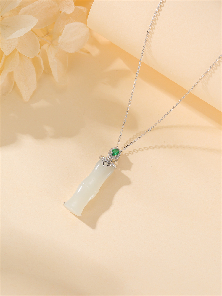 Elegant Bamboo Joint Hetian Jade & Pure Silver Necklace for Women, Blue and White Porcelain Design, Clavicle Chain, Classy Jewelry Elegant Bamboo Joint Hetian Jade & Pure Silver Necklace for Women, Blue and White Porcelain Design, Clavicle Chain, Classy Jewelry
