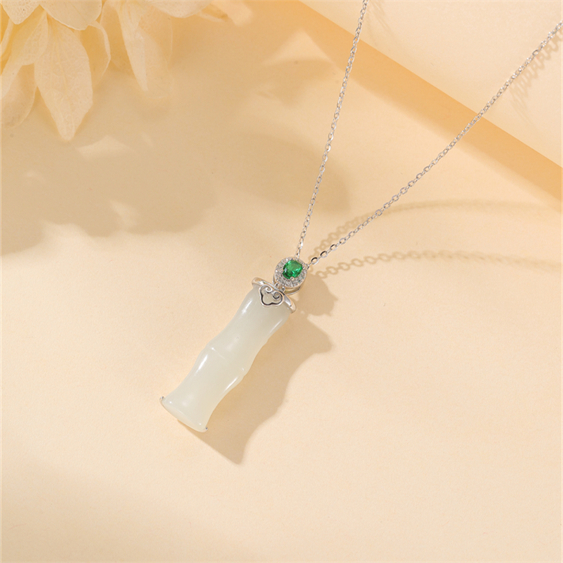 Elegant Bamboo Joint Hetian Jade & Pure Silver Necklace for Women, Blue and White Porcelain Design, Clavicle Chain, Classy Jewelry