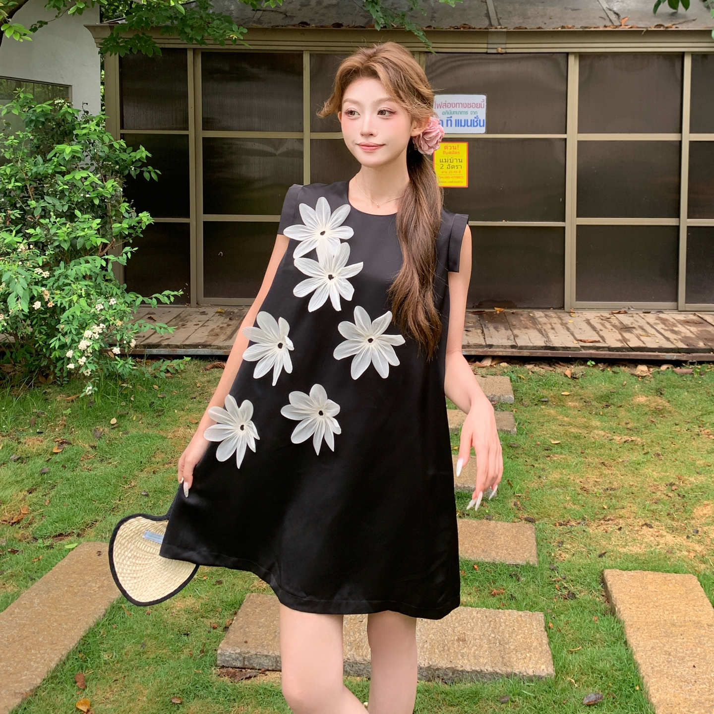 Elegant Black A-Line Dress with 3D Floral Design for Women, Summer 2025 French Style, Small Size, Chic and Sophisticated Fashion