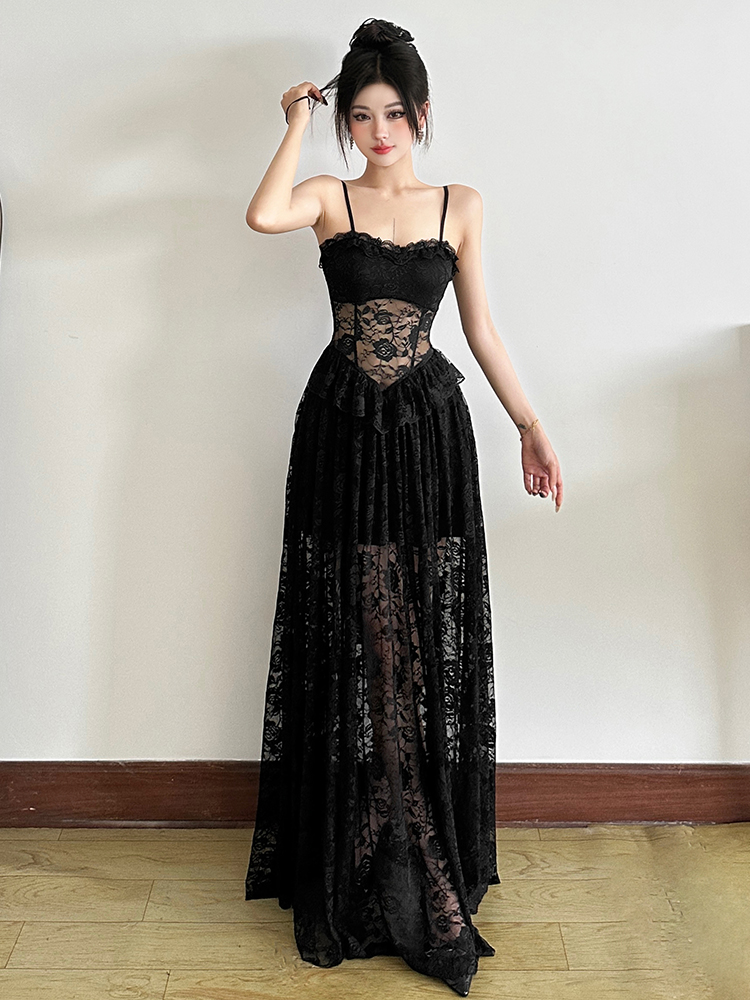 Elegant Black Swan Lace Jacquard Slip Dress for Women - Sexy Long Dress with Slimming Waist, Perfect for 90s and Y2K Style Fashion