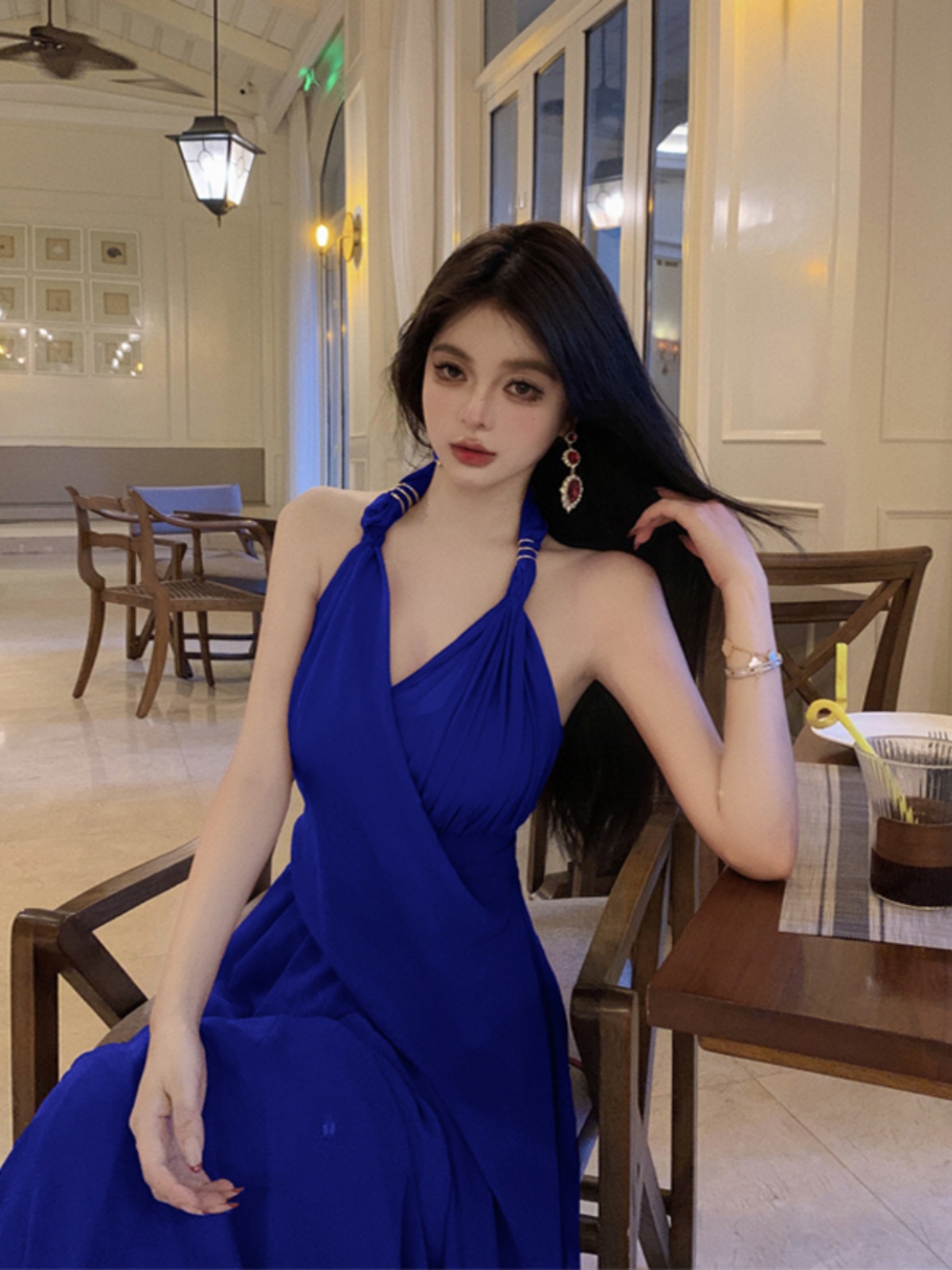 Elegant Blue Halter Chiffon Long Dress with Draped Effect - Floor-Length Vacation Style Gown for Women Elegant Blue Halter Chiffon Long Dress with Draped Effect - Floor-Length Vacation Style Gown for Women