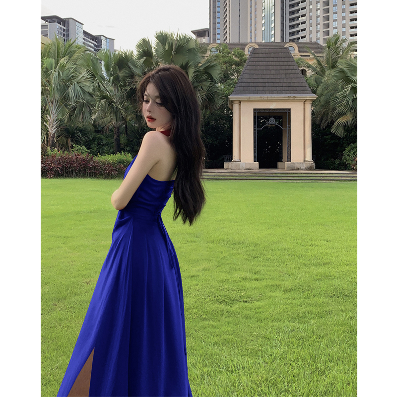 Elegant Blue Halter Chiffon Long Dress with Draped Effect - Floor-Length Vacation Style Gown for Women