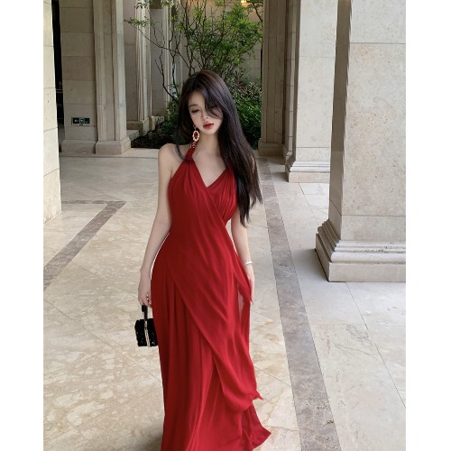 Elegant Blue Halter Chiffon Long Dress with Draped Effect - Floor-Length Vacation Style Gown for Women Elegant Blue Halter Chiffon Long Dress with Draped Effect - Floor-Length Vacation Style Gown for Women