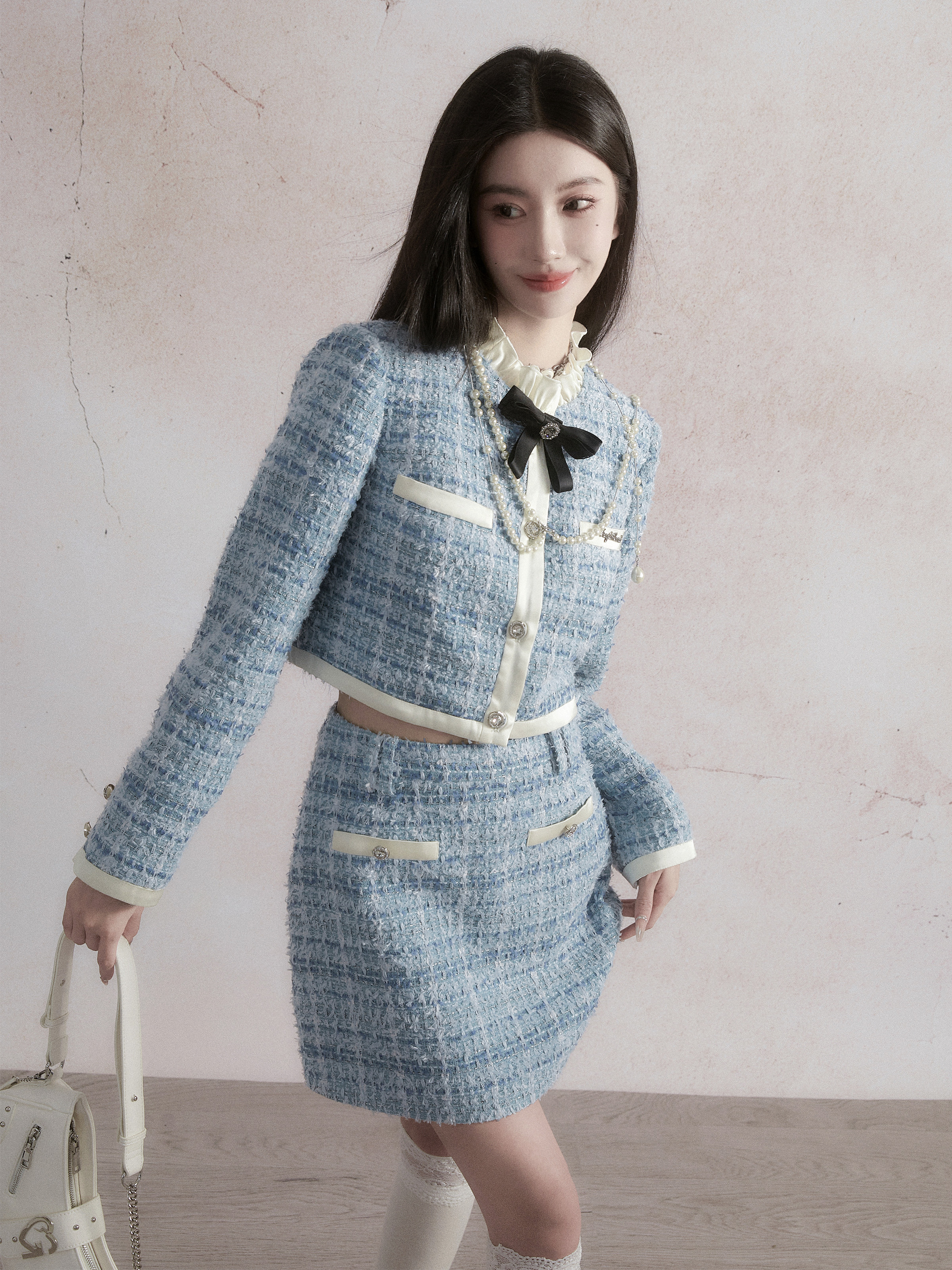 Elegant Blue Little Chanel Style Skirt Set with Satin and Boucle Coat - Classic Aristocrat Fashion for a Chic Look Elegant Blue Little Chanel Style Skirt Set with Satin and Boucle Coat - Classic Aristocrat Fashion for a Chic Look