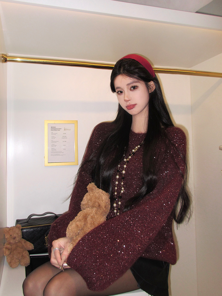 Elegant Bordeaux Red Off-Shoulder Sweater with Heavy Sequins and Embroidery - Chic Evening Wear for 90s and Y2K Styles