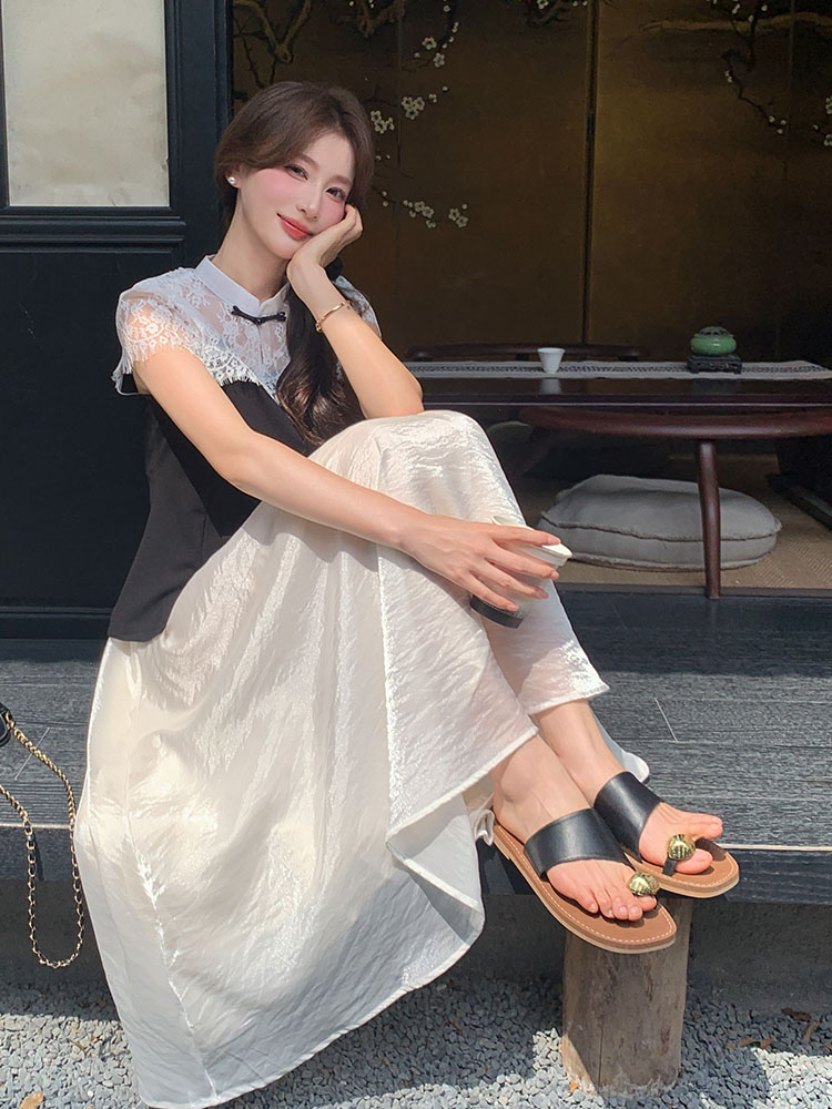 Elegant Chinese-Style Lace Spliced Two-Piece Skirt Set for Women - Retro Summer 2025 Half Skirt Fashion