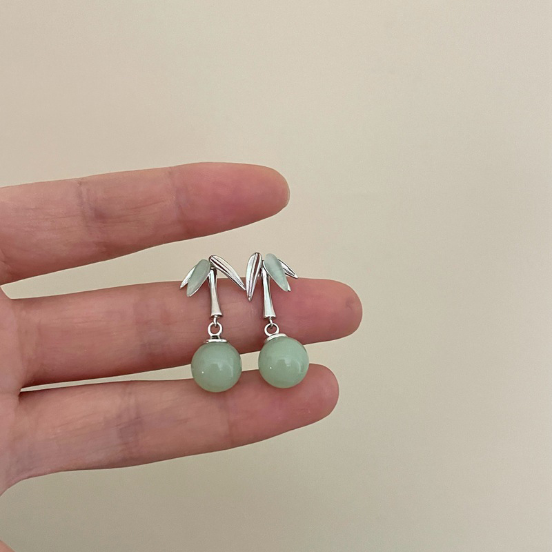 Elegant Chinese-Style Round Bead Pendant Earrings for Girls, High-End Bamboo Leaf Ear Studs, Fresh National Style Accessories Elegant Chinese-Style Round Bead Pendant Earrings for Girls, High-End Bamboo Leaf Ear Studs, Fresh National Style Accessories