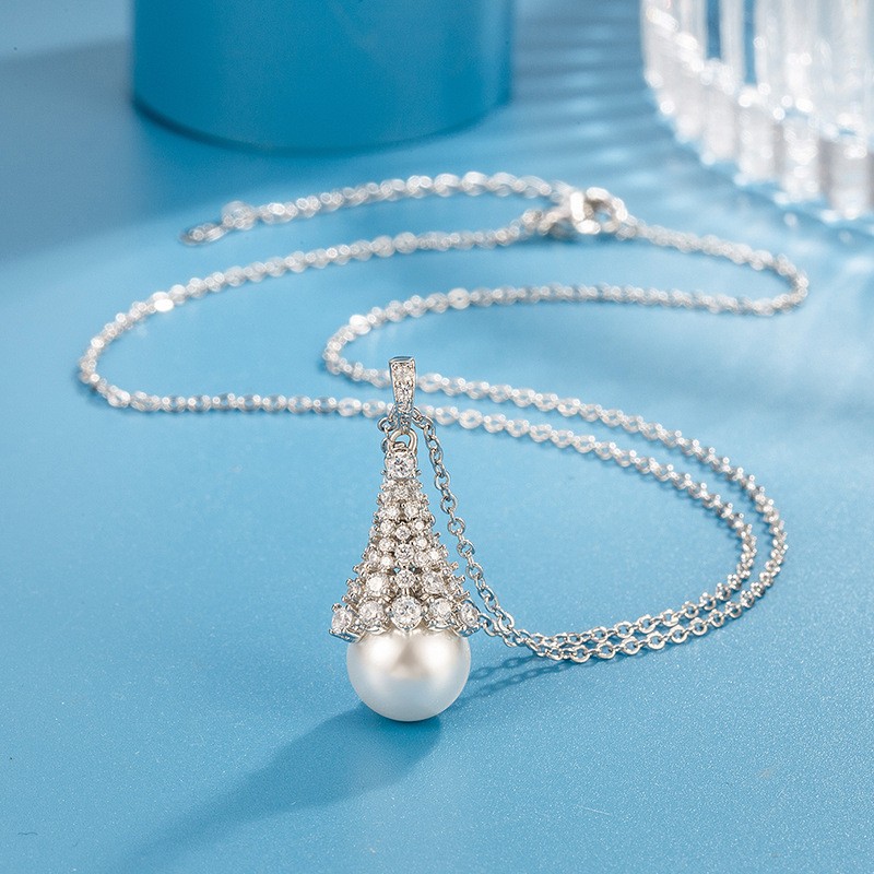 Elegant Flashing Diamond Snow Tower Pearl Necklace for Women, Pure Silver Collarbone Chain, Light Luxury, Exquisite Design Elegant Flashing Diamond Snow Tower Pearl Necklace for Women, Pure Silver Collarbone Chain, Light Luxury, Exquisite Design