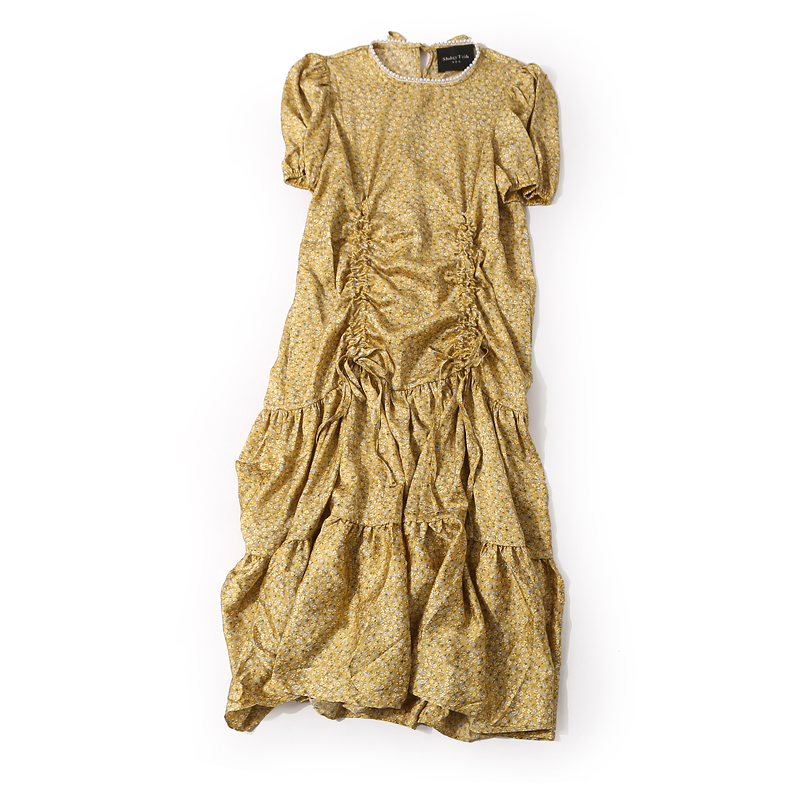 Elegant Floral Beaded Round Neck Pleated Casual Dress - Summer European Style with Tied Design, Perfect for 90s and Y2K Inspired Looks