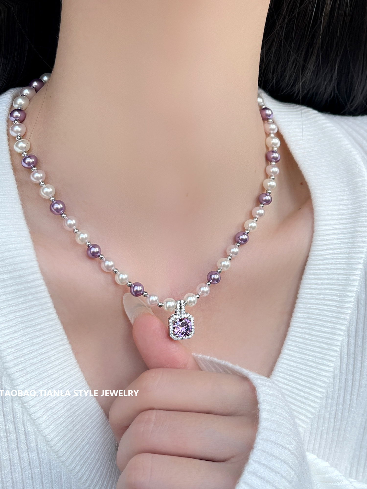 Elegant French Purple Square Sugar Pearl Necklace - Luxurious High-End Clavicle Chain for Versatile Style Elegant French Purple Square Sugar Pearl Necklace - Luxurious High-End Clavicle Chain for Versatile Style