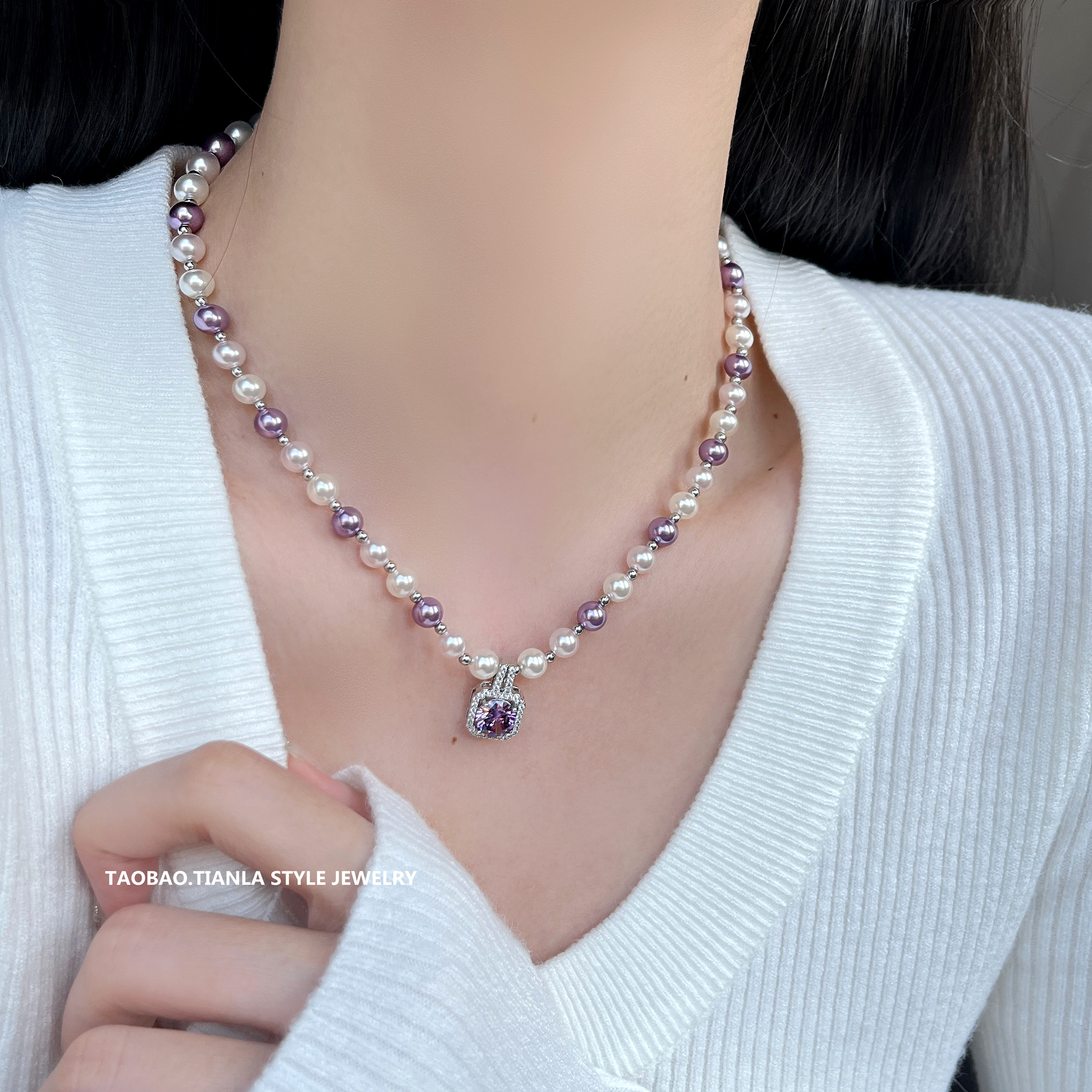Elegant French Purple Square Sugar Pearl Necklace - Luxurious High-End Clavicle Chain for Versatile Style