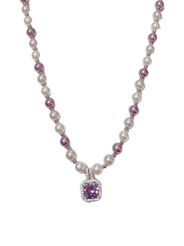 Elegant French Purple Square Sugar Pearl Necklace - Luxurious High-End Clavicle Chain for Versatile Style Elegant French Purple Square Sugar Pearl Necklace - Luxurious High-End Clavicle Chain for Versatile Style