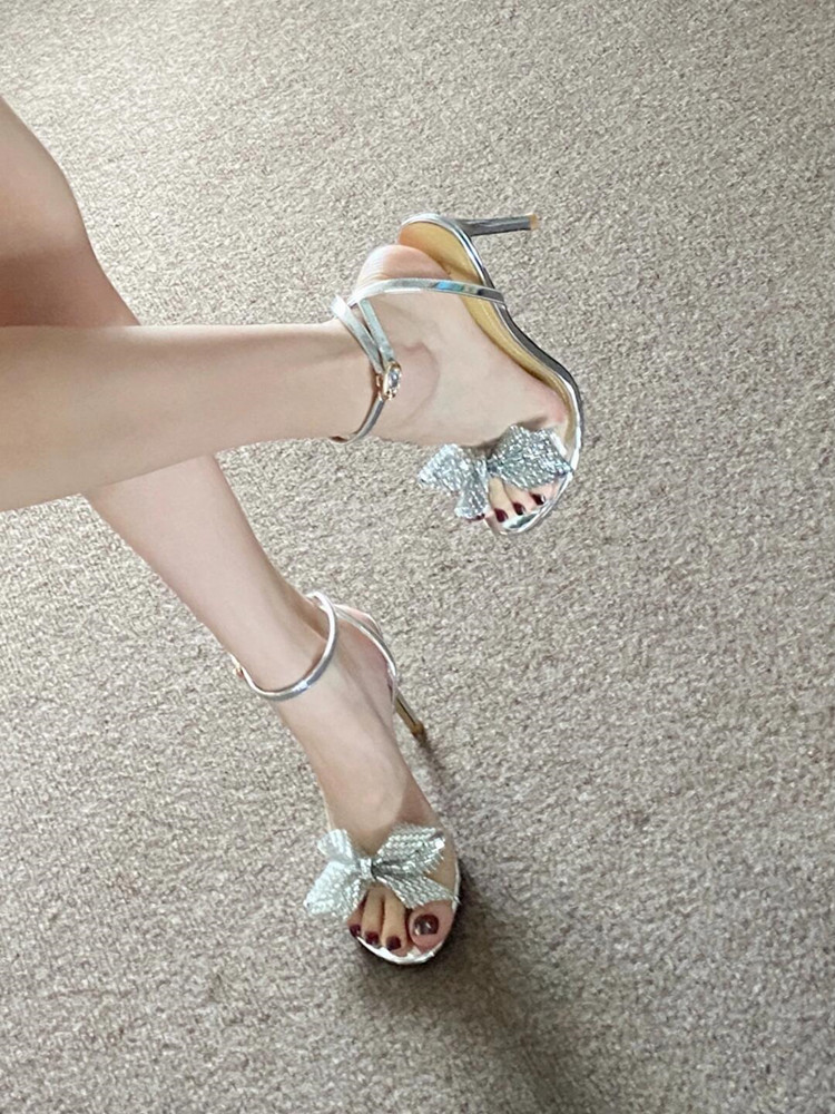 Elegant French-Style High-Heeled Sandals for Women, Summer 2025, Rhinestone One-Strap, Thin Heels, Bow Tie for Dresses Elegant French-Style High-Heeled Sandals for Women, Summer 2025, Rhinestone One-Strap, Thin Heels, Bow Tie for Dresses