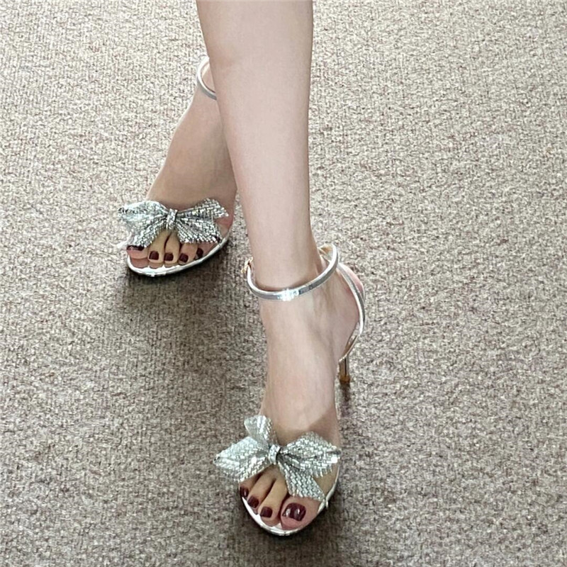Elegant French-Style High-Heeled Sandals for Women, Summer 2025, Rhinestone One-Strap, Thin Heels, Bow Tie for Dresses
