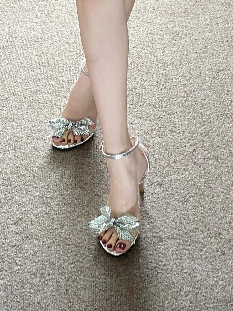 Elegant French-Style High-Heeled Sandals for Women, Summer 2025, Rhinestone One-Strap, Thin Heels, Bow Tie for Dresses Elegant French-Style High-Heeled Sandals for Women, Summer 2025, Rhinestone One-Strap, Thin Heels, Bow Tie for Dresses