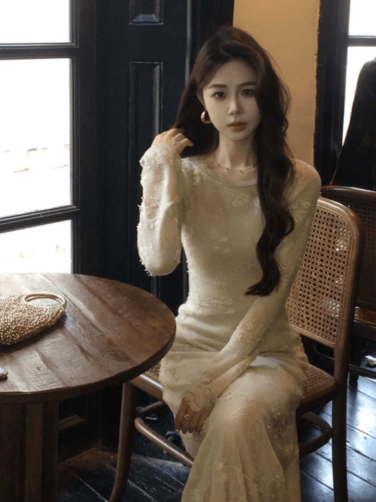 Elegant French-Style Jacquard Lace Long Sleeve Dress with Slip for Women - Perfect Early Spring Outfit Elegant French-Style Jacquard Lace Long Sleeve Dress with Slip for Women - Perfect Early Spring Outfit